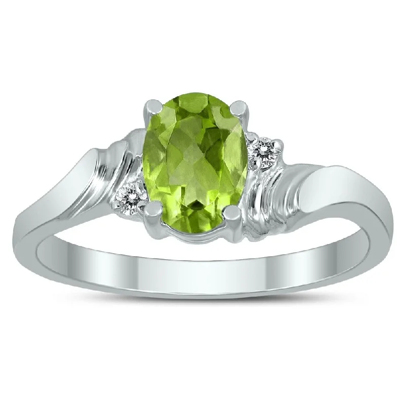 7X5MM Peridot and Diamond Wave Ring in 10K White Gold