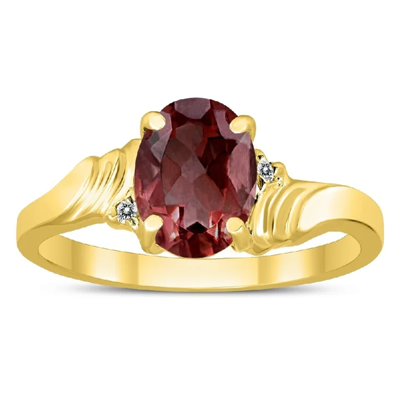 8X6MM Garnet and Diamond Wave Ring in 10K Yellow Gold