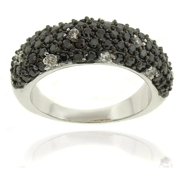 Dolce Giavonna Silver Overlay Cubic Zirconia Black and White Dotted Ring