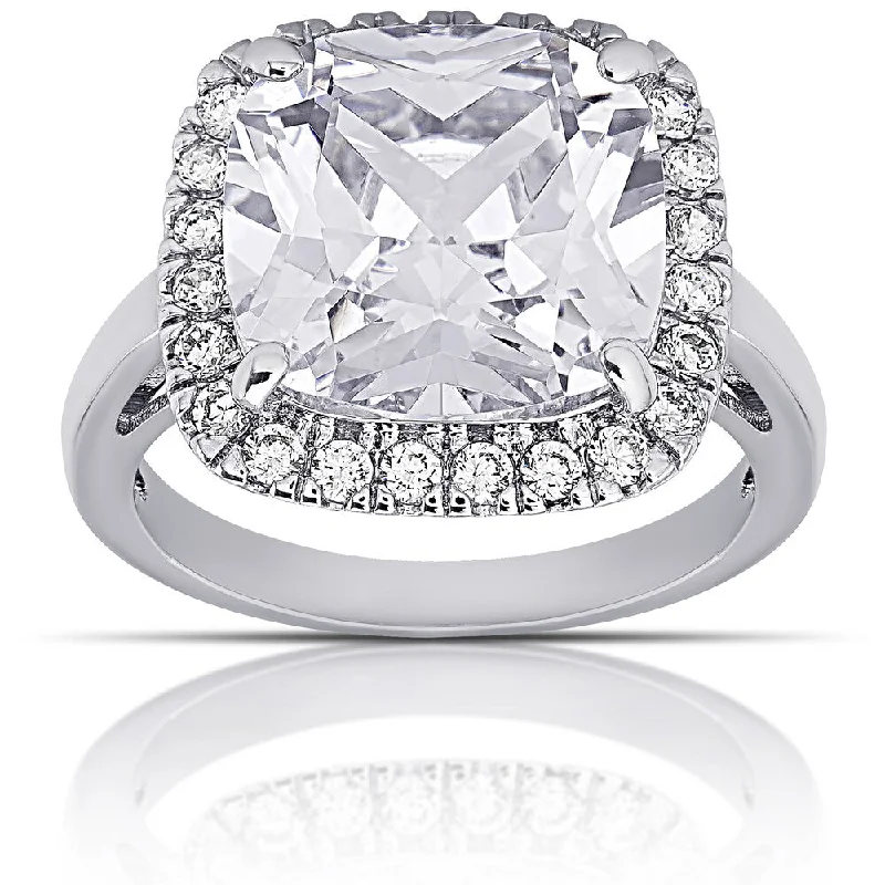 Dolce Giavonna Silver Overlay Cushion-cut Halo Engagement Ring