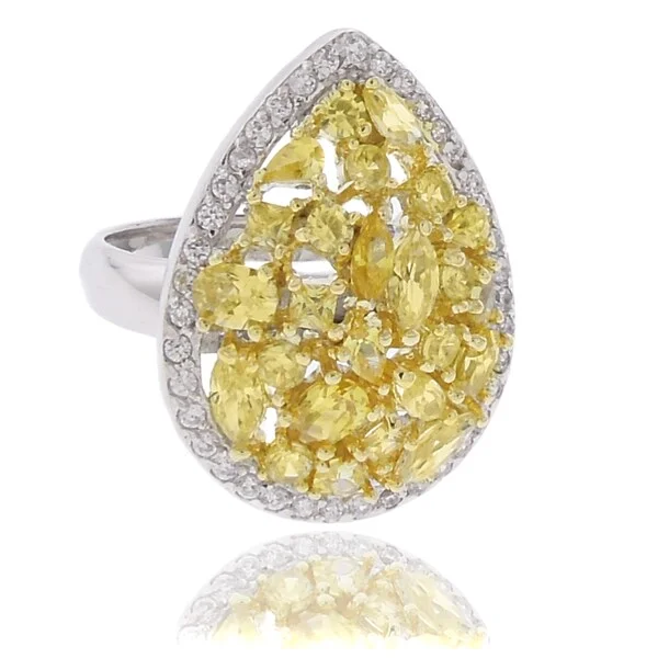 Dolce Giavonna Silver Overlay Yellow and White Cubic Zirconia Teardrop Ring