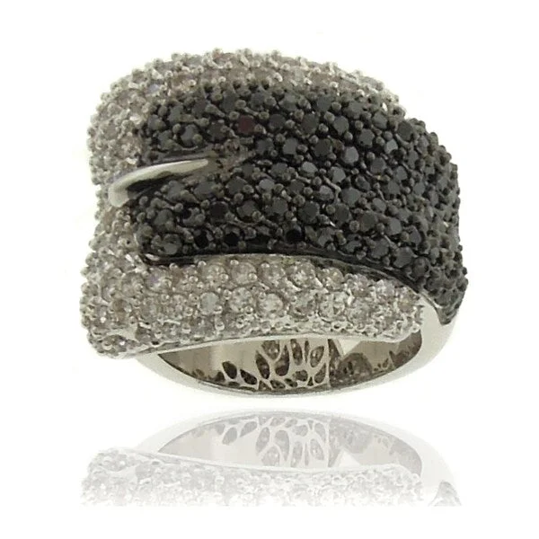 Dolce Giavonna Silverplated Cubic Zirconia Black and White Buckle Ring