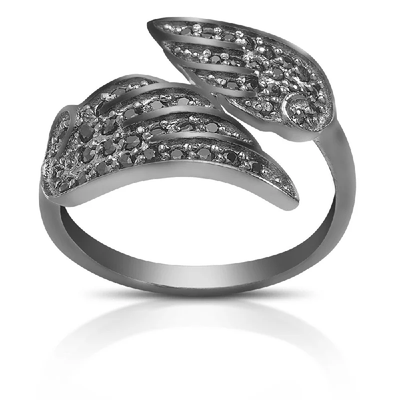 Dolce Giavonna Sterling Silver Black or White Cubic Zirconia Angel Wing Wrap Ring