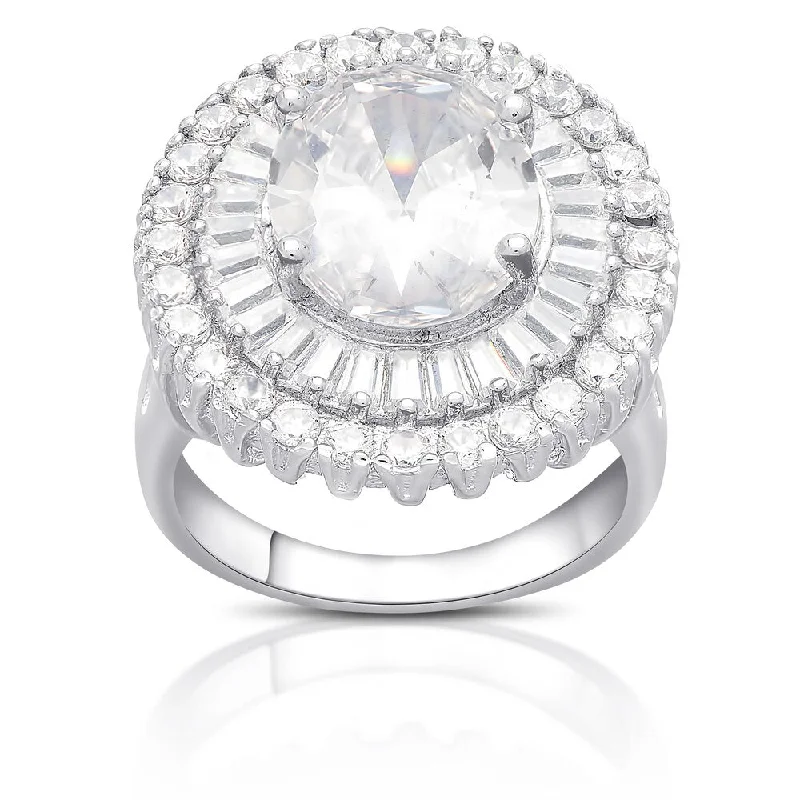 Dolce Giavonna Sterling Silver Round Cubic Zirconia Halo Cocktail Ring