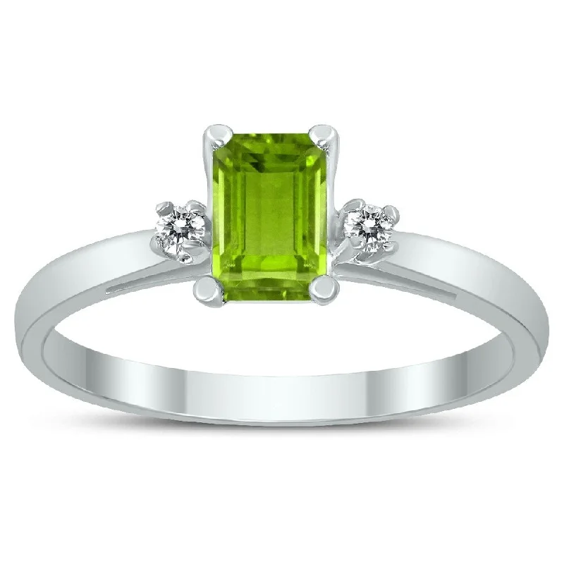 Emerald Cut 6X4MM Peridot and Diamond Three Stone Ring in 10K White Gold