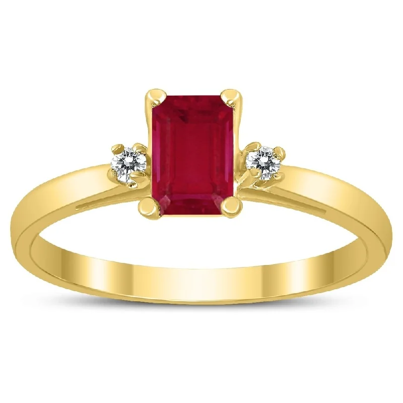 Emerald Cut 6X4MM Ruby and Diamond Three Stone Ring in 10K Yellow Gold