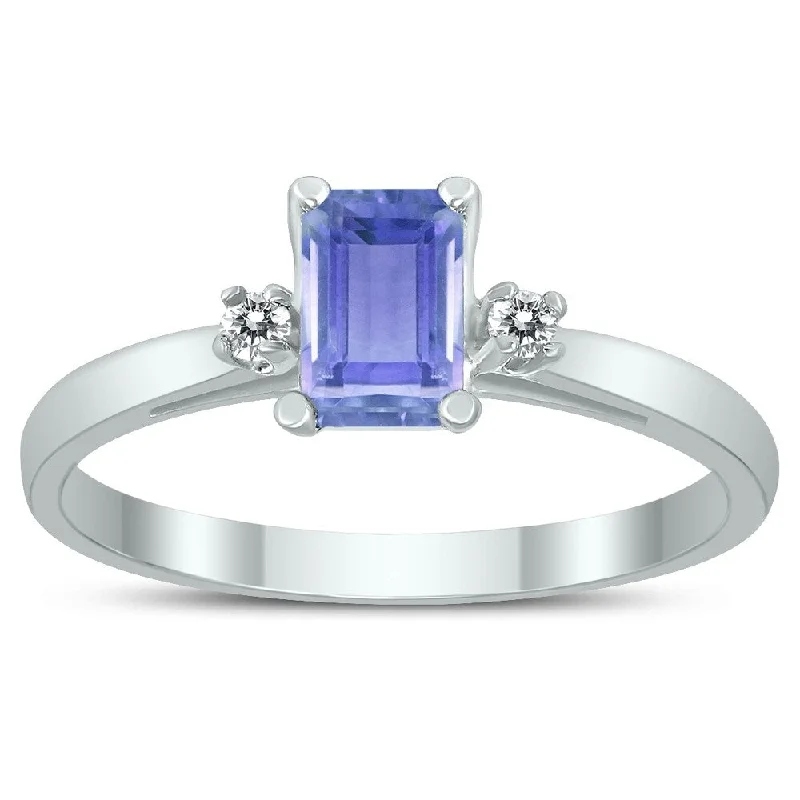 Emerald Cut 6X4MM Tanzanite and Diamond Three Stone Ring in 10K White Gold