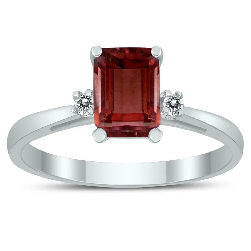 Emerald Cut 7X5MM Garnet and Diamond Three Stone Ring in 10K White Gold