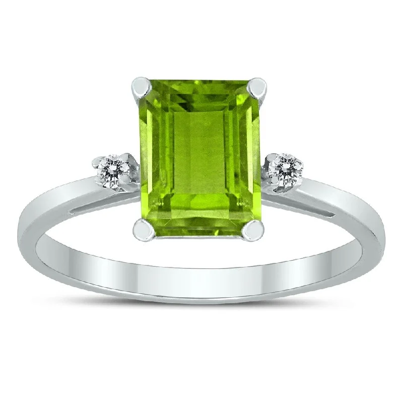 Emerald Cut 8X6MM Peridot and Diamond Three Stone Ring in 10K White Gold