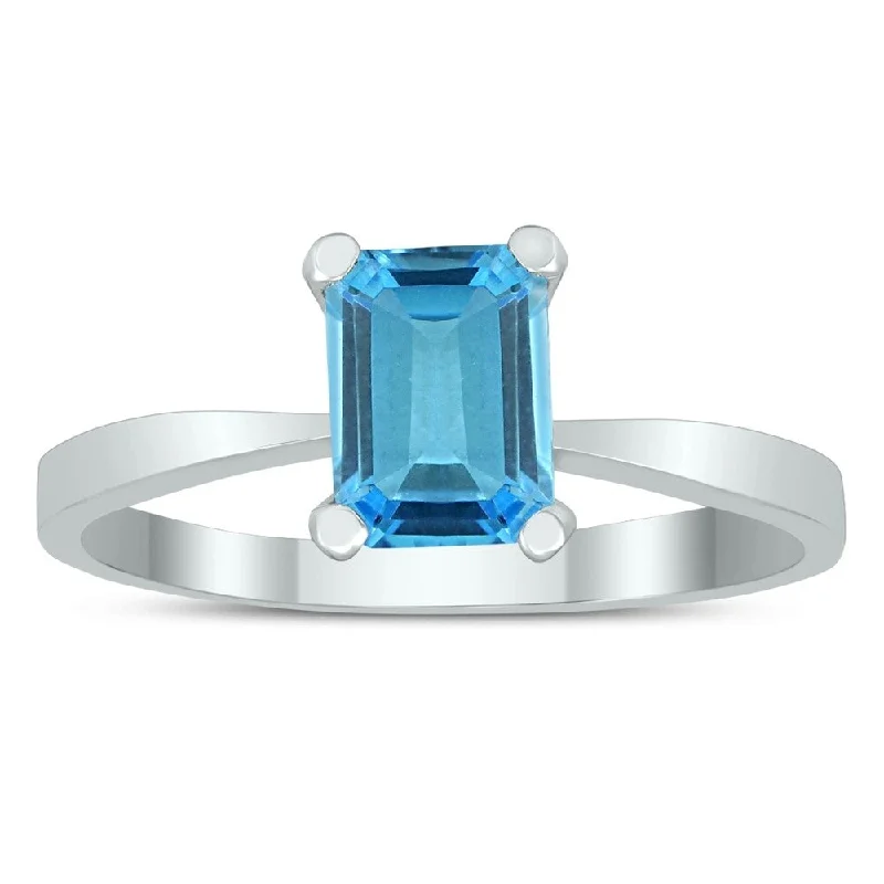 Emerald Shaped 7X5MM Blue Topaz Solitaire Ring in 10K White Gold