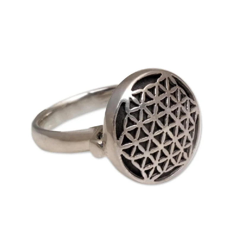 Handmade Sterling Silver and Wood Cocktail Ring, 'Flower of Life' (Indonesia)