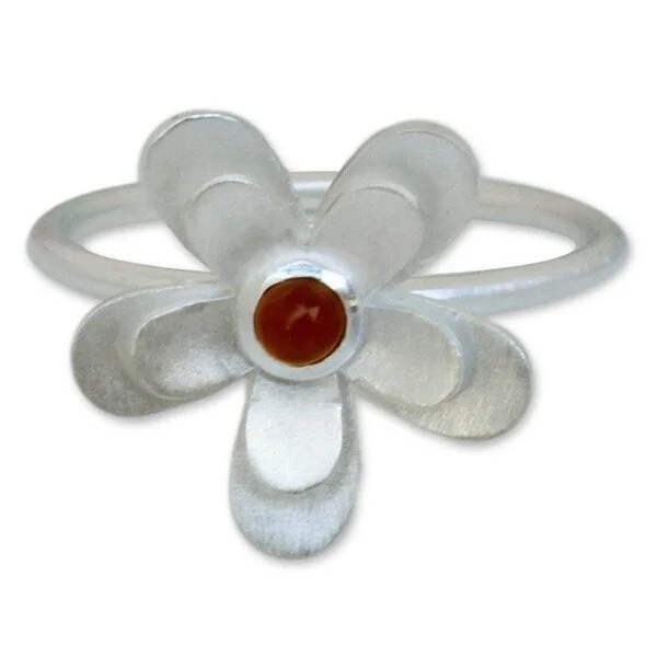 Handmade Sterling Silver 'Sunlit Frangipani' Carnelian Flower Ring (Thailand)