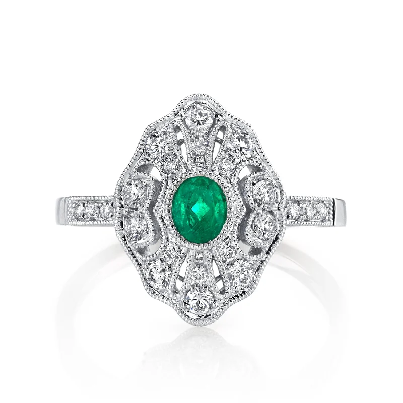 14K White Gold 0.24ct. Emerald & 0.35ct. Diamond Filigree & Milgrain Detailing Fashion Ring