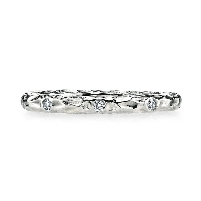 14K White Gold 0.14ct. Bezel Set Diamond Textured Stackable Fashion Ring