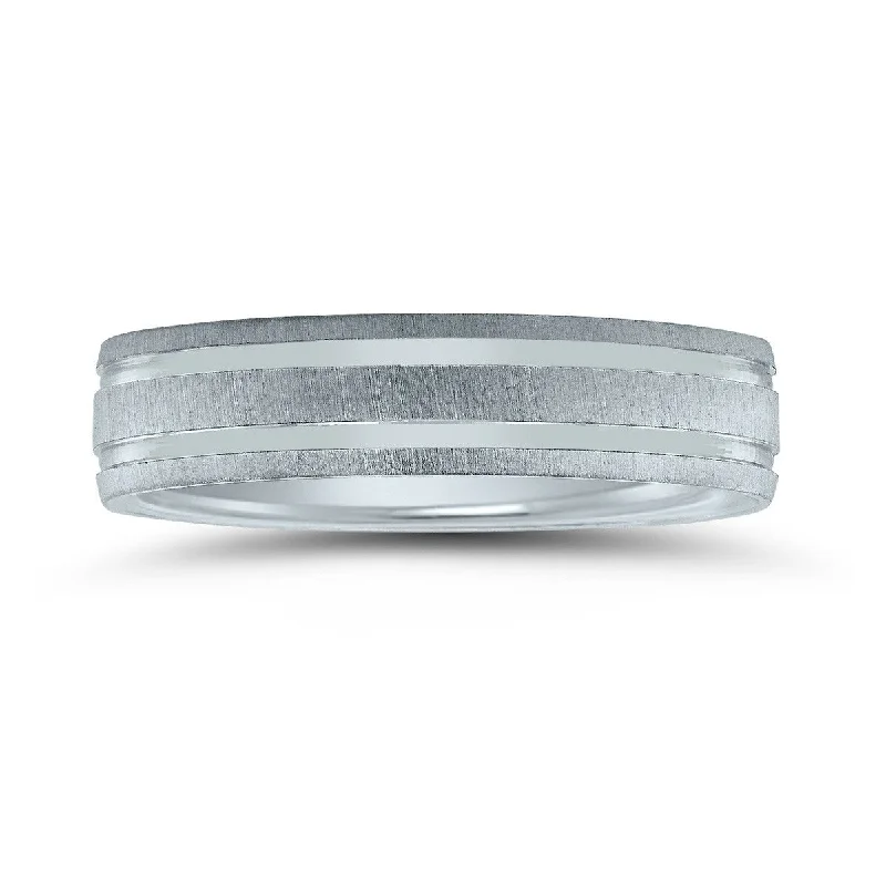 Men's 5mm Wedding Band with Satin Frost Finish and Polished Grooves in 10K White Gold