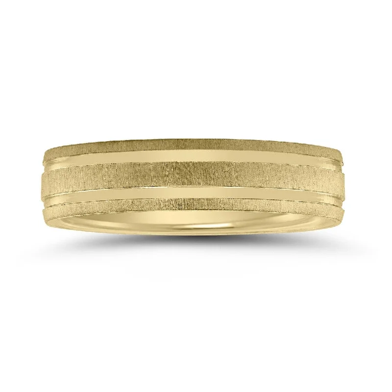 Men's 5mm Wedding Band with Satin Frost Finish and Polished Grooves in 10K Yellow Gold