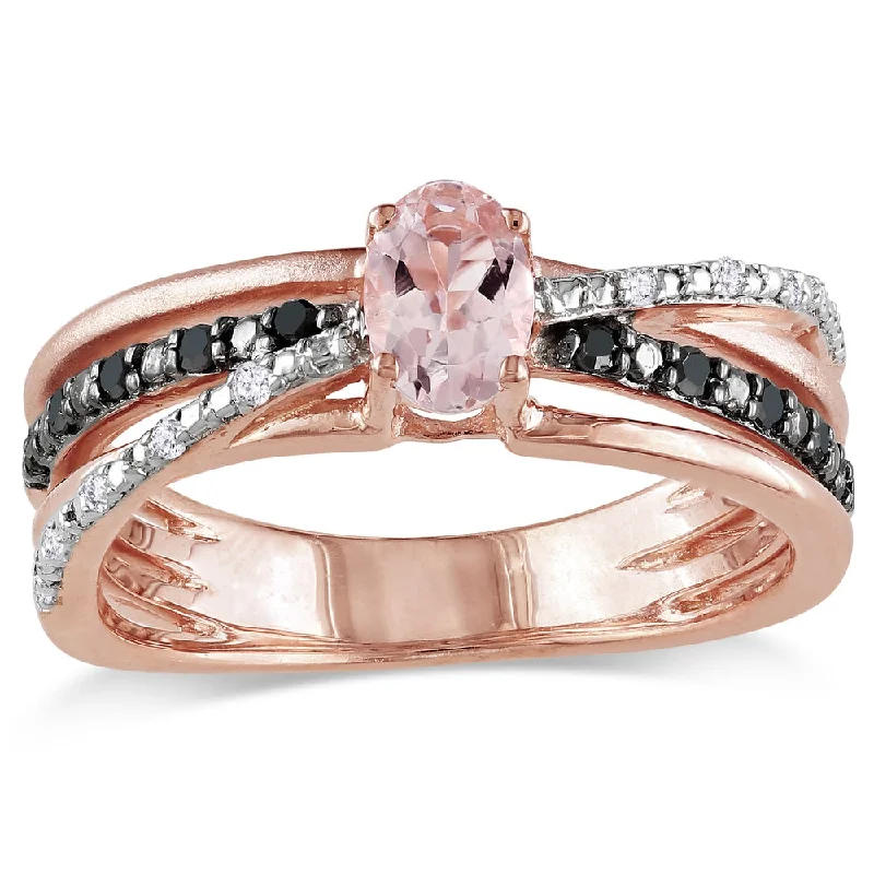 Miadora Rose-plated Silver Morganite and 1/6ct TDW Black and White Diamond Ring (H-I, I2-I3)