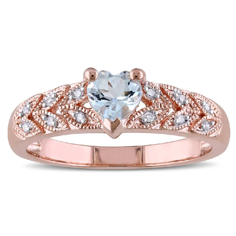 Miadora Rose Plated Sterling Silver Aquamarine and Diamond Accent Heart Petal Ring - Blue