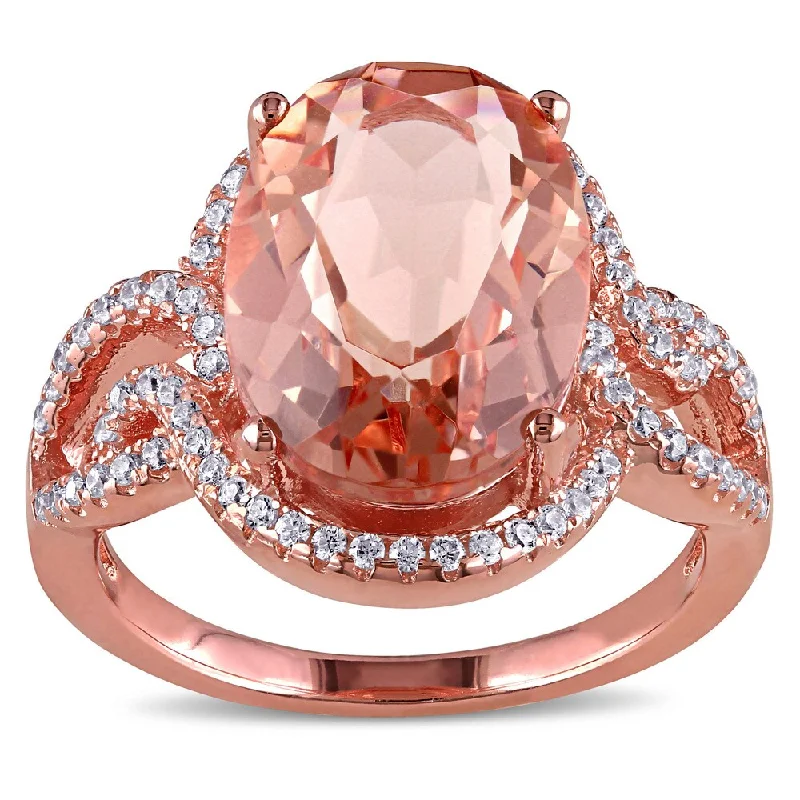 Miadora Rose-plated Sterling Silver Rose Glass and Cubic Zirconia Halo Split Shank Ring - Pink