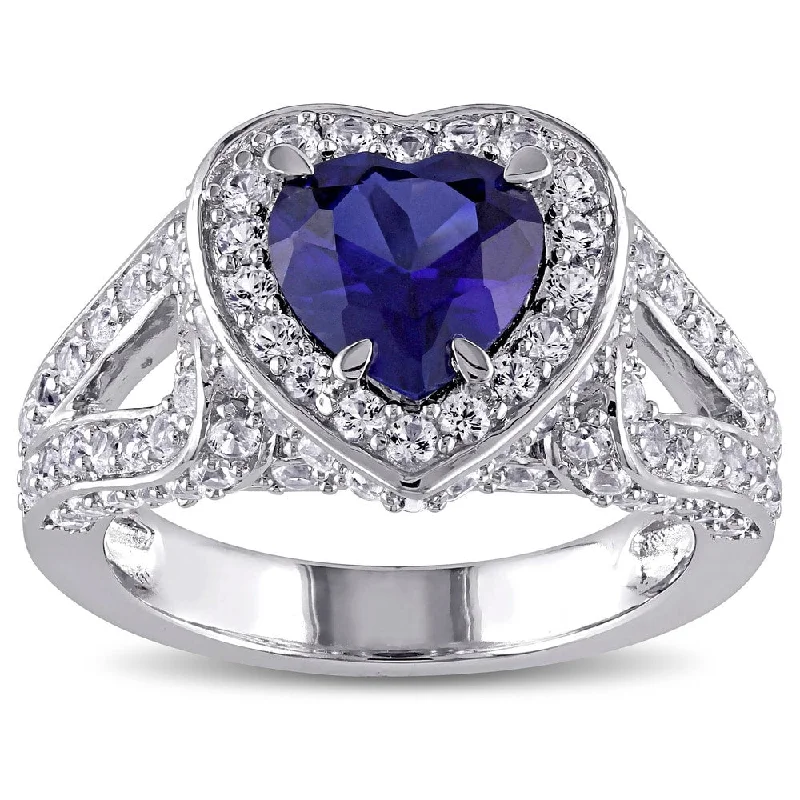 Miadora Sterling Silver Created Blue and White Sapphire Split Shank Heart Halo Ring