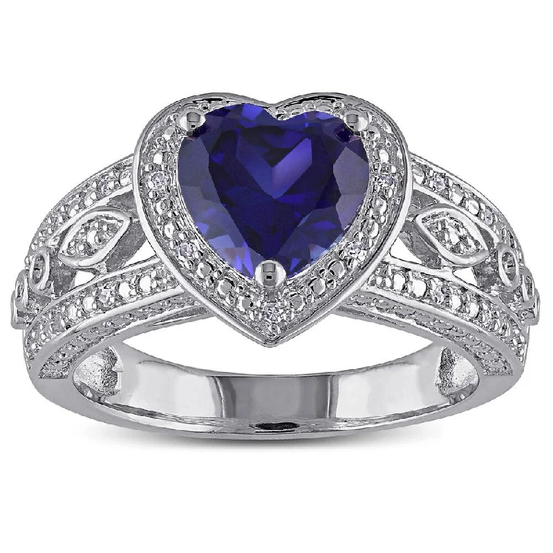 Miadora Sterling Silver Created Blue Sapphire and 1/10ct TDW Diamond Heart Halo Ring