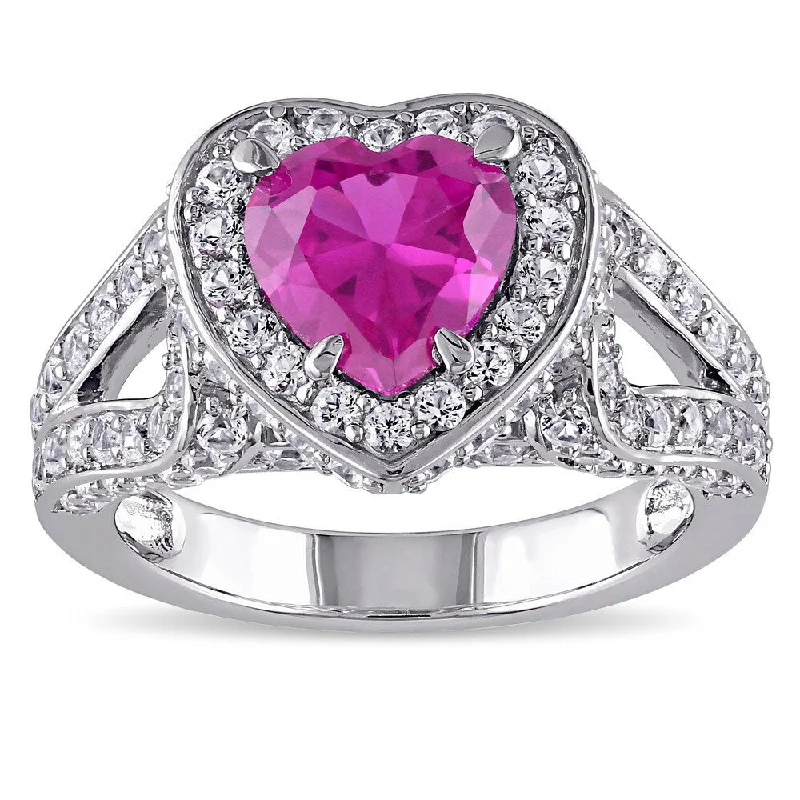 Miadora Sterling Silver Created Pink and White Sapphire Heart Ring