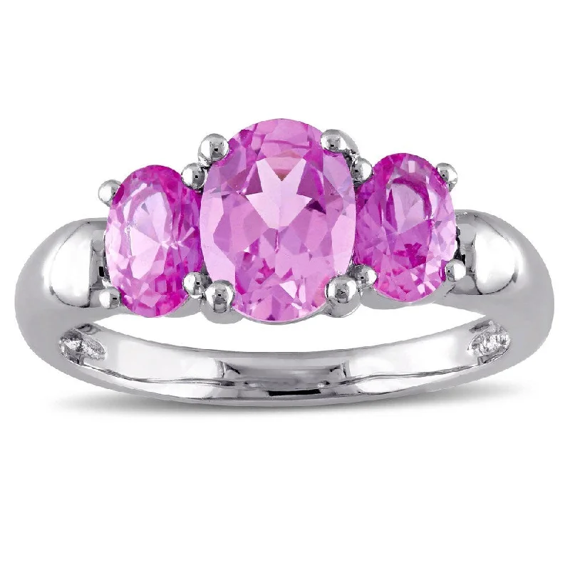 Miadora Sterling Silver Created Pink Sapphire Three-stone Ring