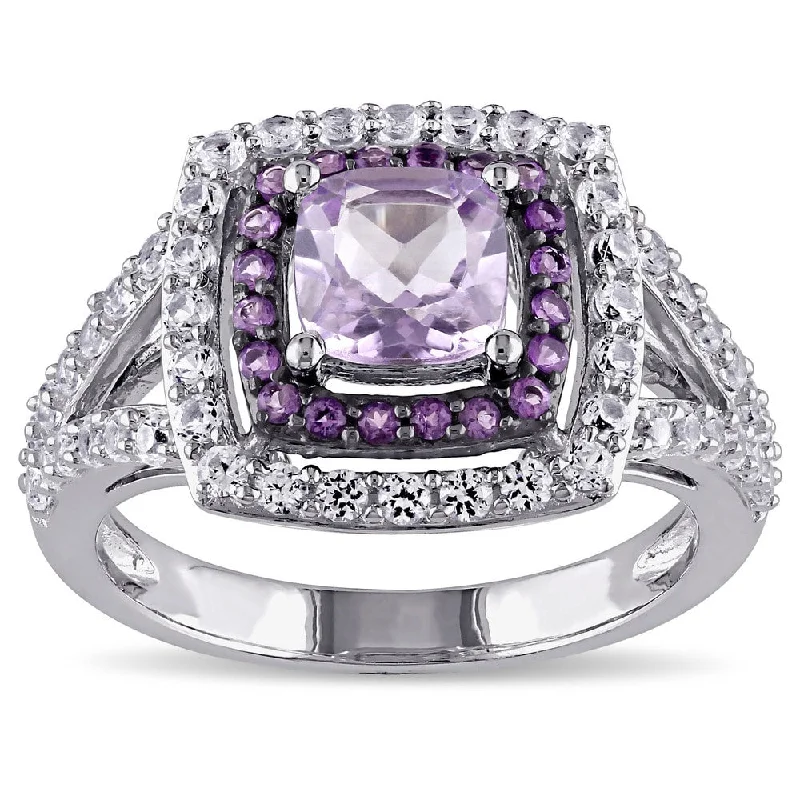 Miadora Sterling Silver Rose de France African Amethyst Created White Sapphire Cocktail Ring