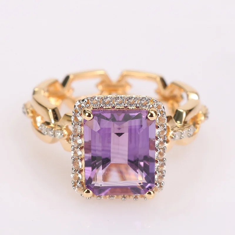 Miadora Yellow Plated Sterling Silver Amethyst, White Topaz & Diamond Accent Halo Link Cocktail Ring