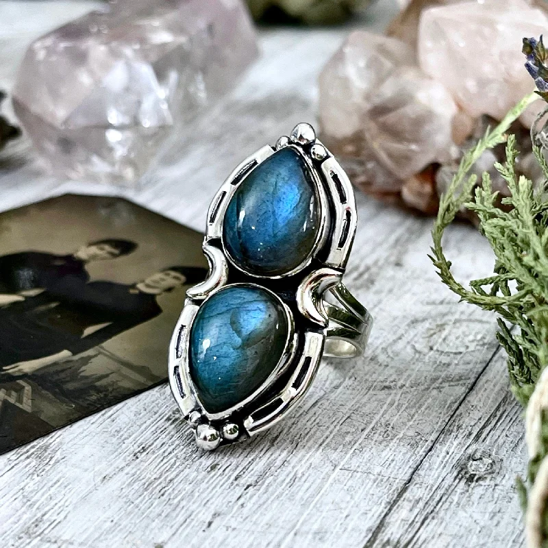 Mystic Moons Labradorite Crystal Ring Sterling Silver Designed FOXLARK Collection Size 6 7 8 9 10 / Big Crystal Ring Witchy Jewelry