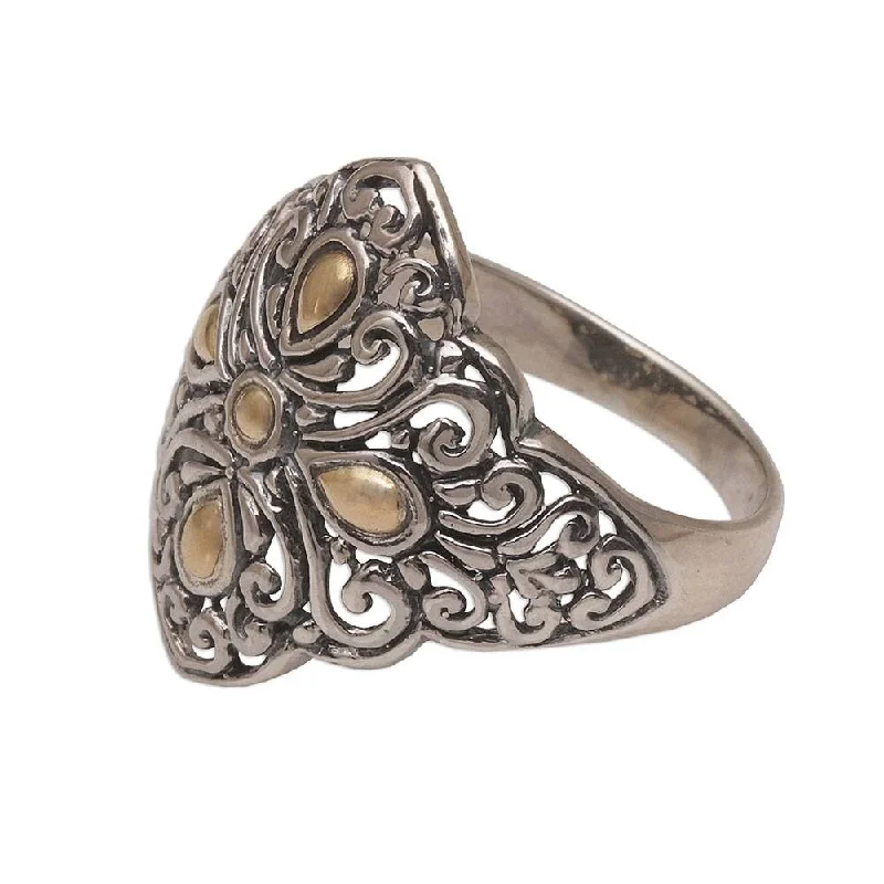 NOVICA Botanical Path, Gold accent sterling silver cocktail ring