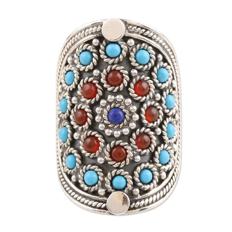 Novica Handmade Mandala Lapis And Carnelian Cocktail Ring