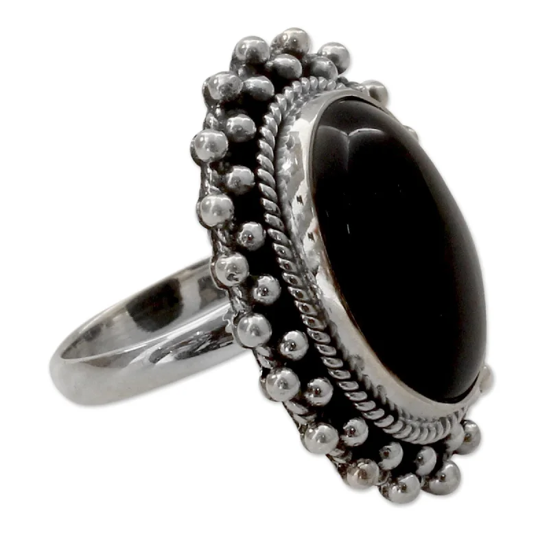 Novica Handmade Moon Halo Onyx Cocktail Ring