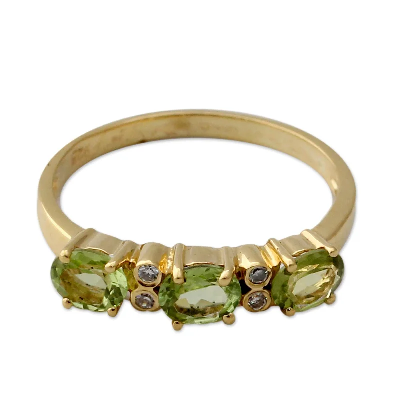 Novica Handmade Ode Gold Vermeil Peridot Three-Stone Ring