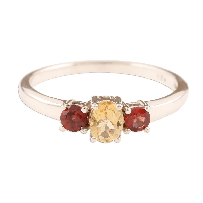 Novica Handmade Passionate Embrace Garnet And Citrine 3-Stone Ring