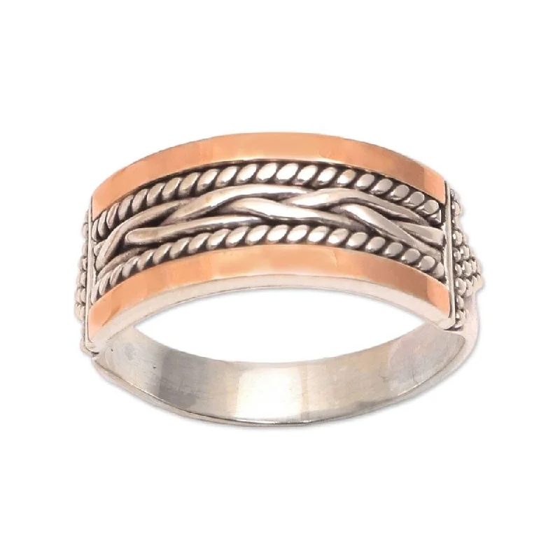 NOVICA Underground River, Gold accented sterling silver band ring