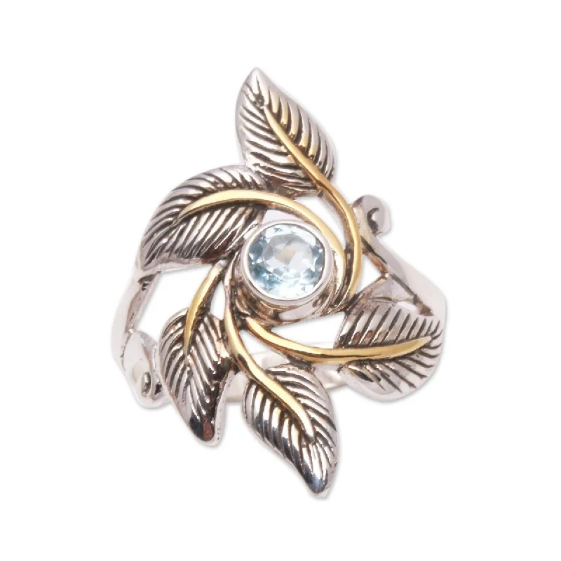 NOVICA Wreathed in Leaves, Gold accented blue topaz cocktail ring