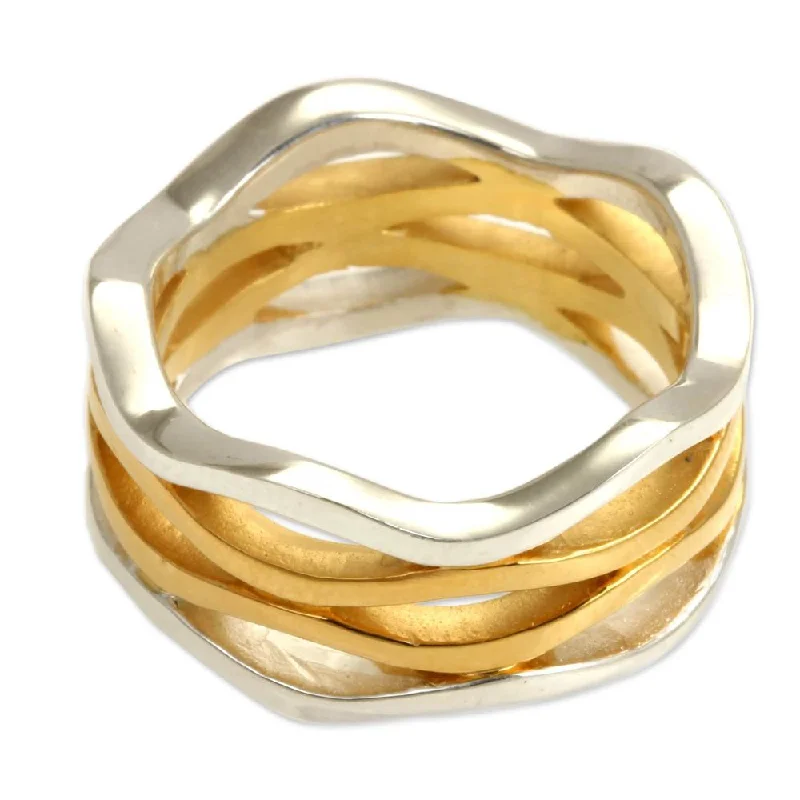 Ocean Waves Modern Elegant 18K Gold Plate and 925 Sterling Silver UniqueStacked Appearance Womens Ba