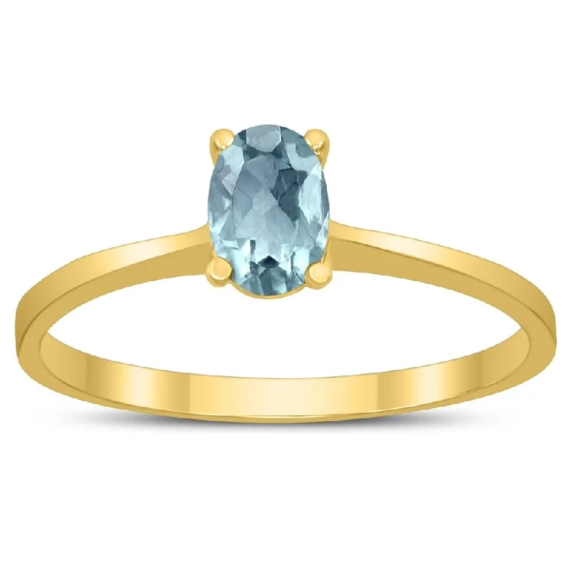 Oval Solitaire 6X4MM Aquamarine Ring in 10K Yellow Gold