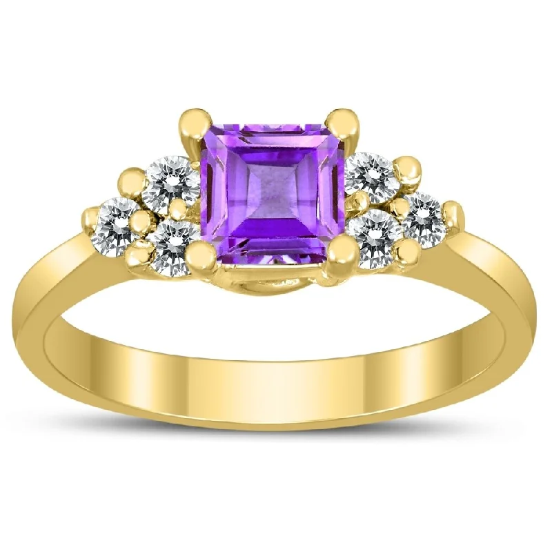 Princess Cut 5X5MM Amethyst and Diamond Duchess Ring in 10K Yellow Gold