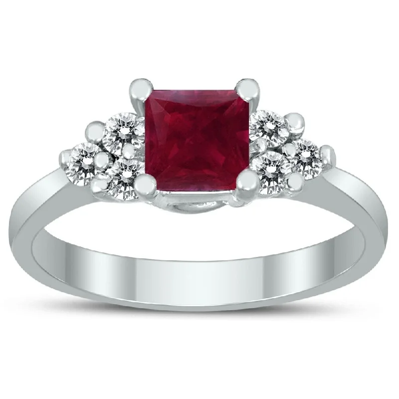 Princess Cut 5X5MM Ruby and Diamond Duchess Ring in 10K White Gold