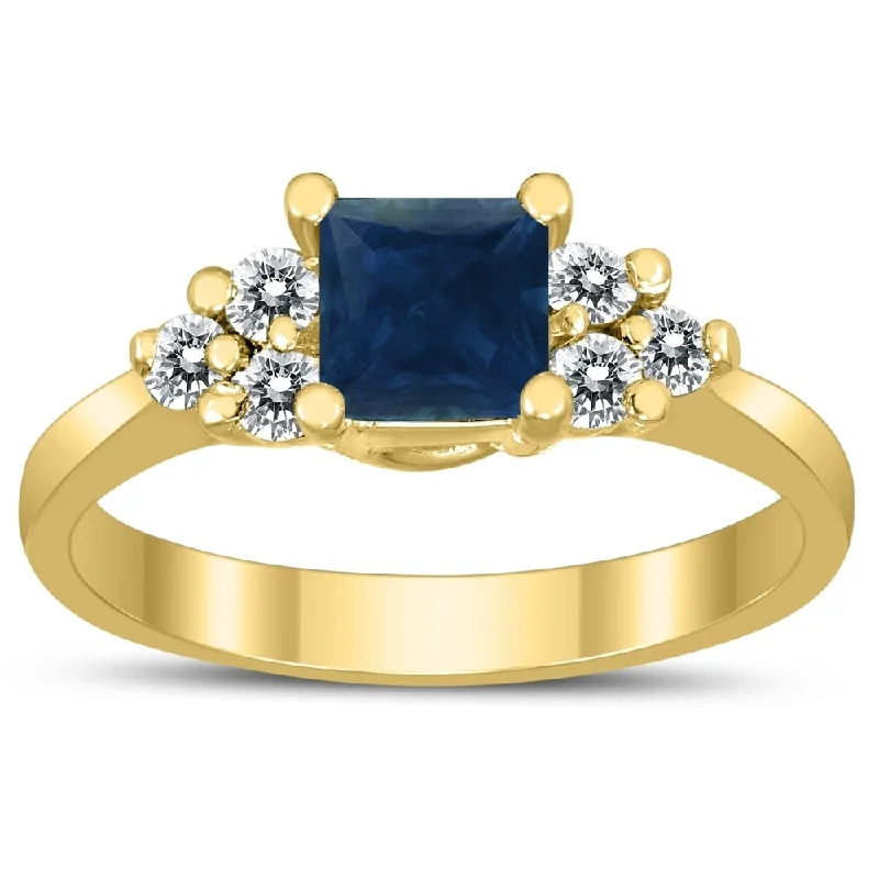 Princess Cut 5X5MM Sapphire and Diamond Duchess Ring in 10K Yellow Gold