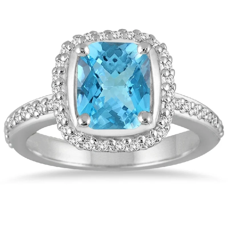 Radiant Cut Blue Topaz and Diamond Ring in 14K White Gold