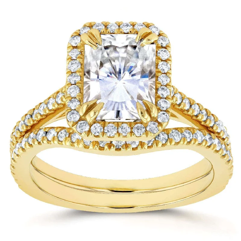 Radiant Moissanite and Diamond Bridal Set 2 1/4 CTW in 14k Yellow Gold