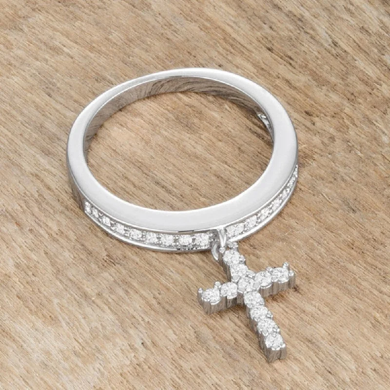 Rhodium Christine Cross Charm Ring with Cubic Zirconia