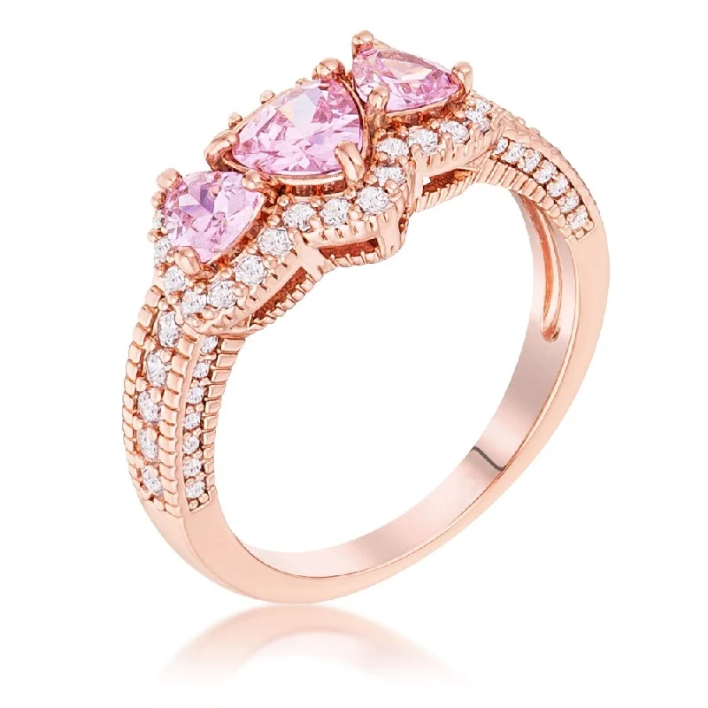 Rose Gold Plated 3-Stone Trillion Cut Pink CZ Halo Pave Ring - Rose-Gold-Tone