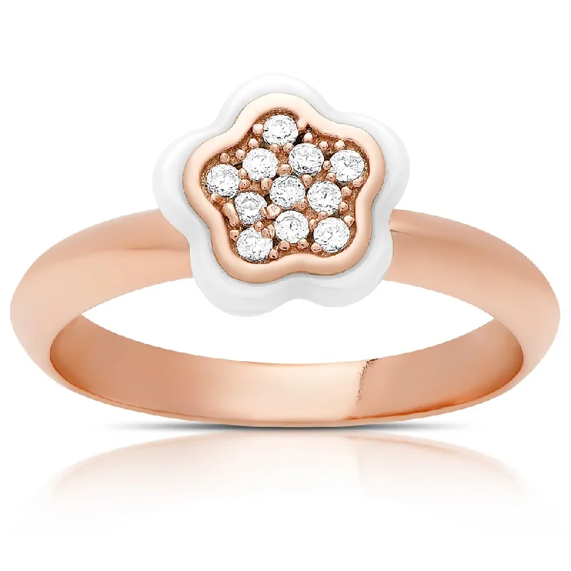 Samantha Stone Rose Gold Over Sterling Silver Cubic Zirconia Ceramic Flower Ring