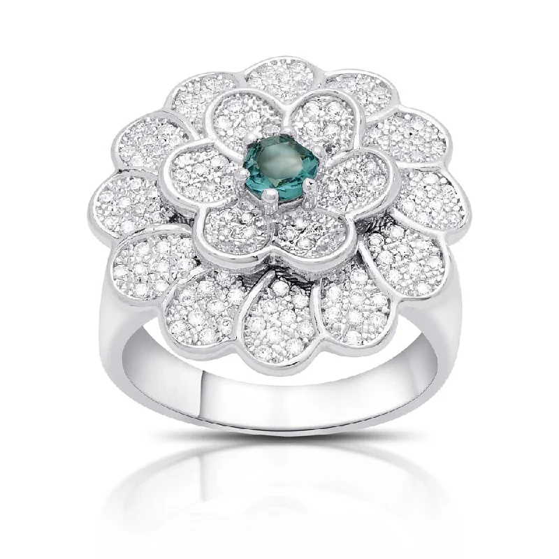 Samantha Stone Sterling Silver Cubic Zirconia and Simulated London Blue Topaz Flower Ring