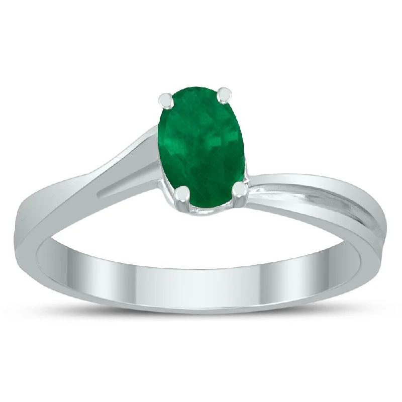 Solitaire Oval 6X4MM Emerald Gemstone Twist Ring in 10K White Gold