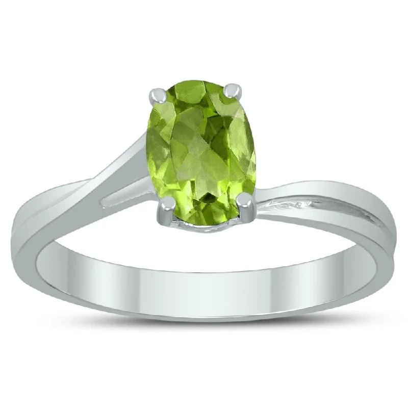 Solitaire Oval 7X5MM Peridot Gemstone Twist Ring in 10K White Gold